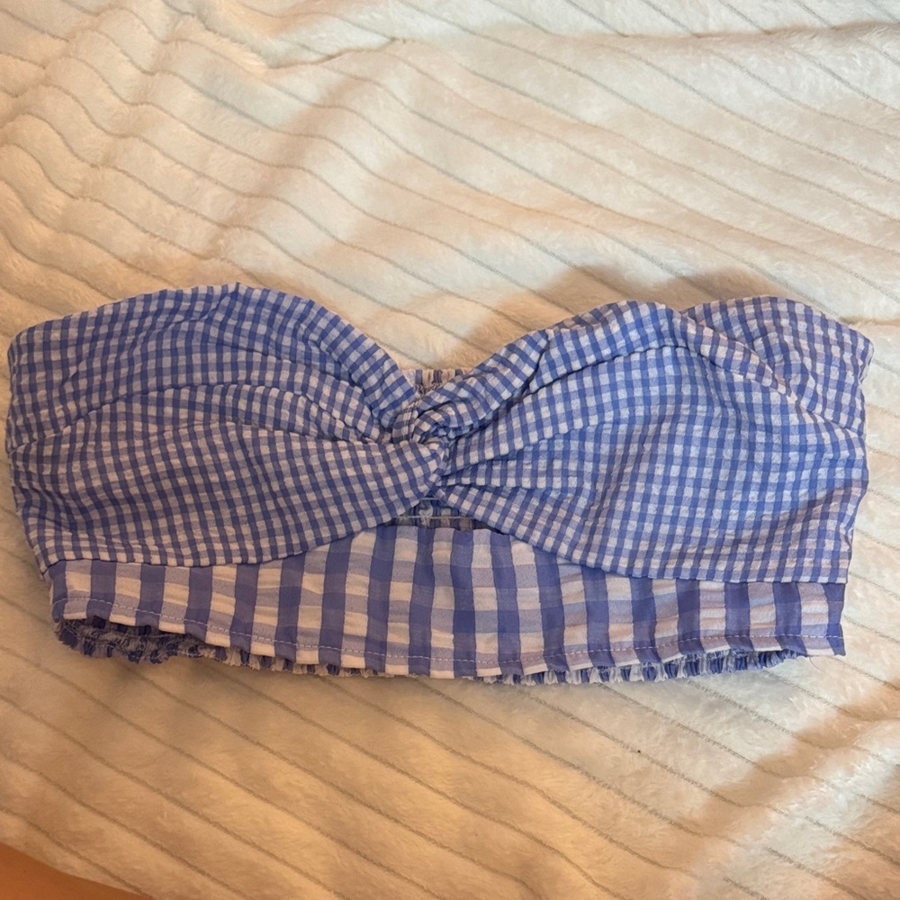 Blue Gingham Strapless Top